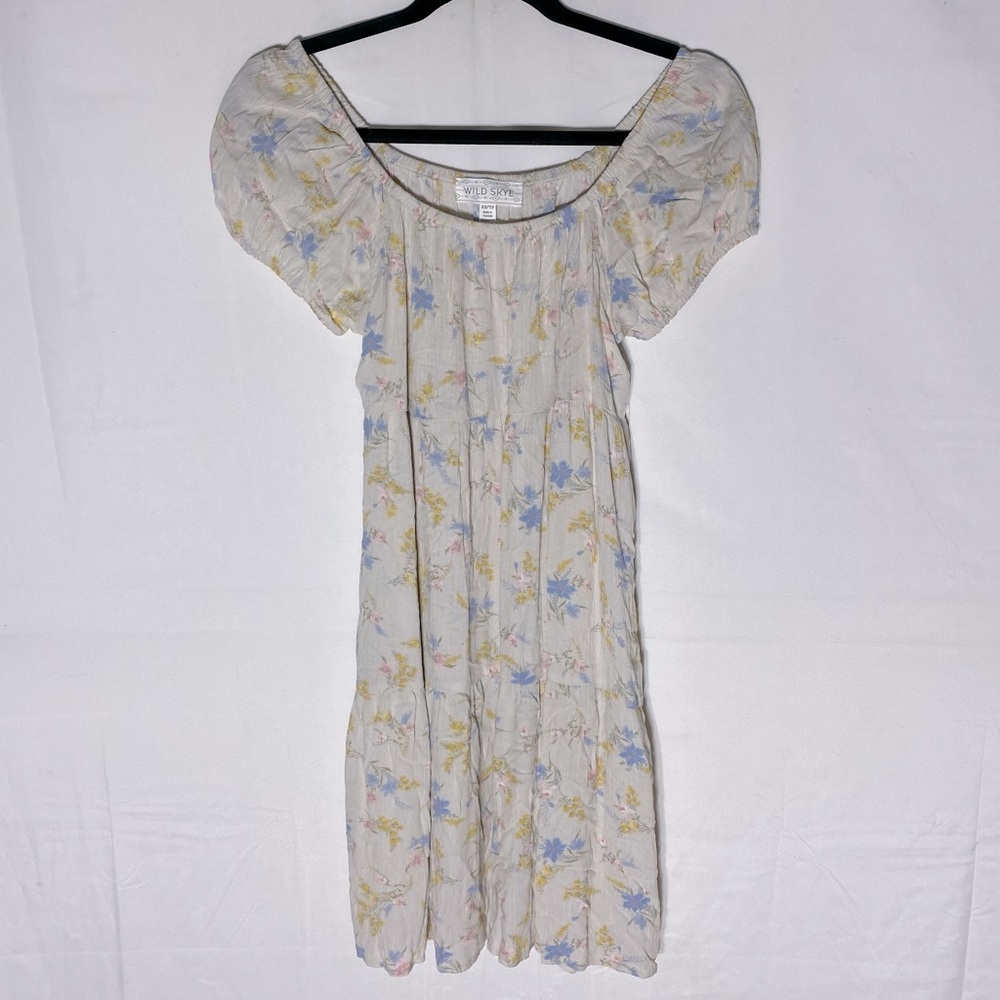 Wild Skye Cream Blue Yellow Pink Floral Off Shoulder Puff Sleeve Mini Dress XS